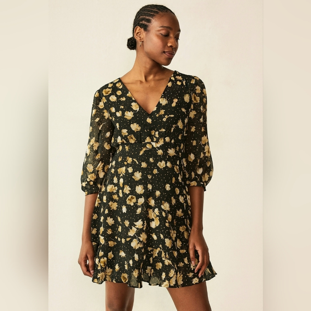 DKNY Women’s  Black Floral Chiffon Dress Size 14 Long Sleeve Fit & Flare